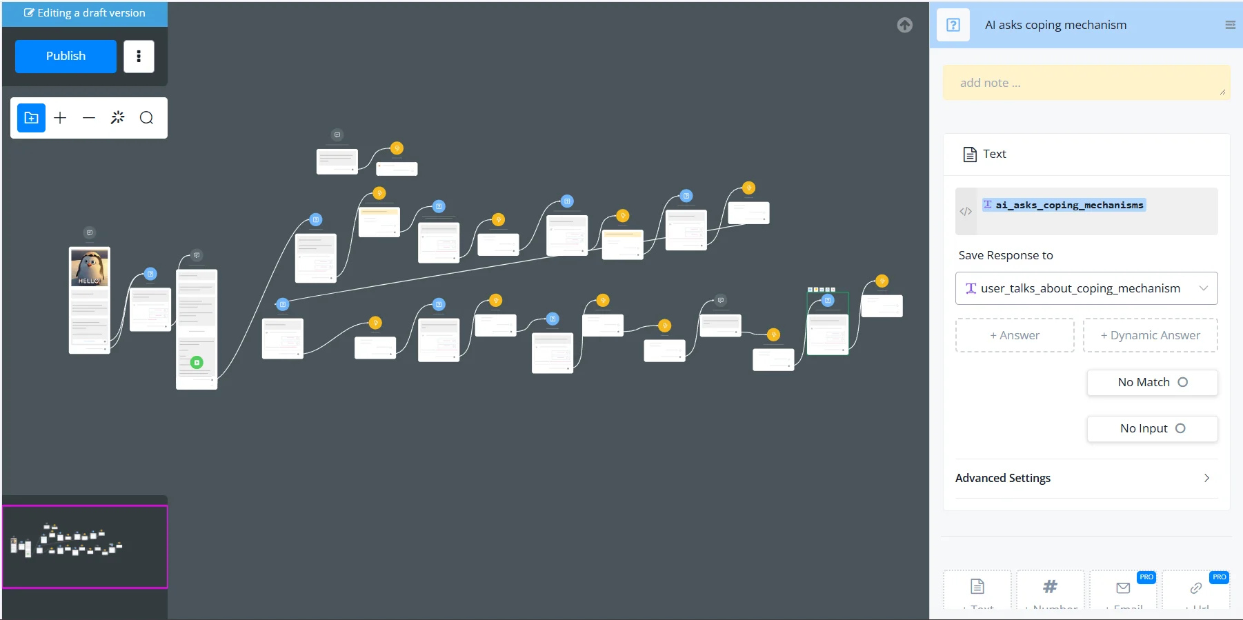 uChat flow builder showing the branching conversation structure of the experimental chatbot