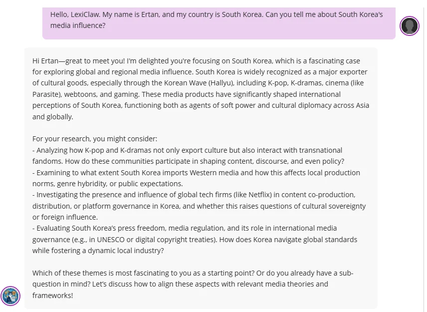 Chat with a course chatbot that gives a student structured information about South Korea's media influence and suggests research directions