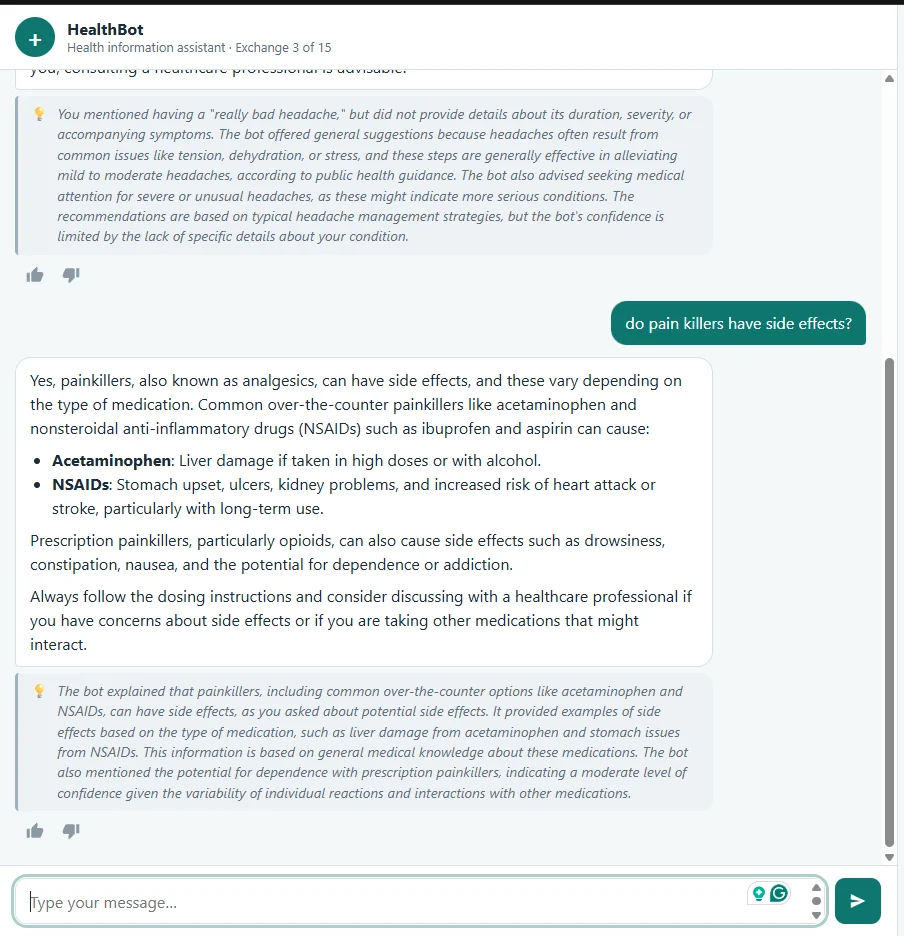 HealthBot chat where the bot answers a headache question and adds a short note explaining why it responded that way