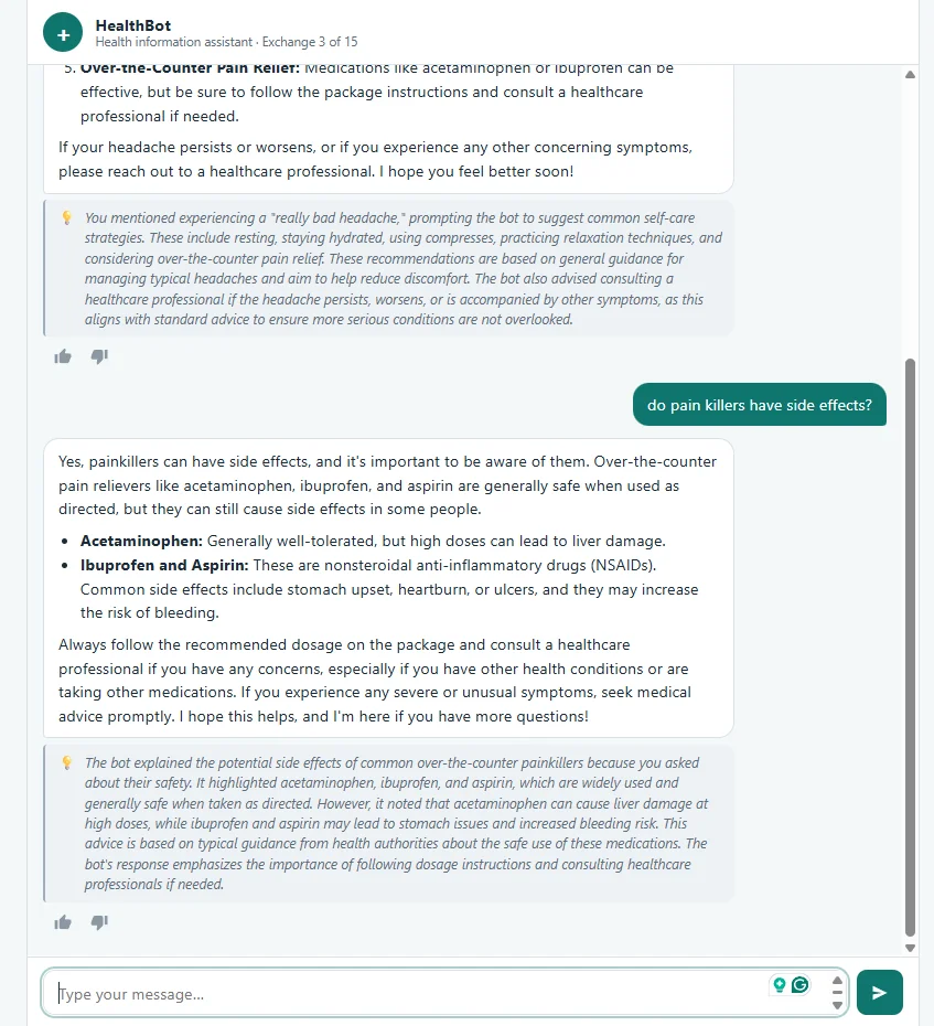 HealthBot chat where the bot answers a question about painkiller side effects and explains its answer